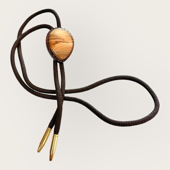 Western Bolo Tie With Wood Slide & Gold Tips Southwestern - Picture 1 of 5